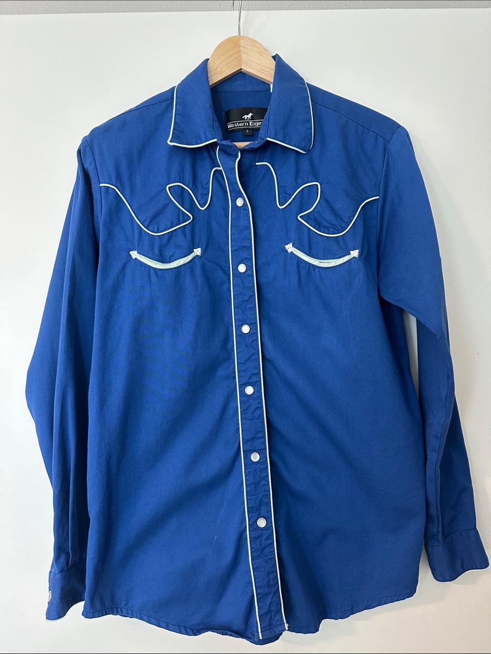 Vintage Royal Blue Western Shirt with White Piping